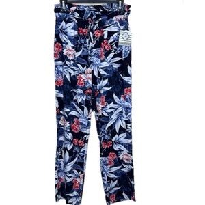 KATE PARK PANT DRAWSTRING WAIST POCKETS LINEN BLEND NAVY NLUE TROPICAL LEAF NEW